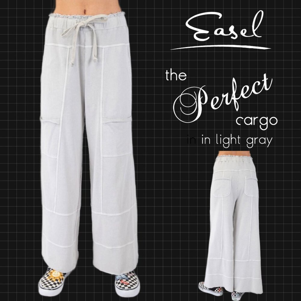 EASEL "Perfect Cargo" Terry Knit Mineral Washed Flared Leg Pants Raw Hem & Seams